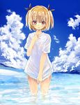  blush cloud day hair_ribbon highres iijima_yun kumakou looking_at_viewer new_game! ocean open_mouth outdoors red_eyes ribbon shirt shirt_tug sky solo standing twintails wading water wet wet_clothes wet_shirt 