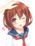  ;d blush brown_hair collarbone eyebrows eyebrows_visible_through_hair fang hair_ornament hairclip hand_on_another's_head heart ikazuchi_(kantai_collection) kantai_collection looking_at_viewer motion_lines neckerchief one_eye_closed open_mouth out_of_frame petting red_neckwear sailor_collar satsuki_mocchi smile solo_focus upper_body white_background 