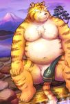  2012 anthro balls belly felid flaccid fur humanoid_hands lako male mammal moobs navel nipples outside overweight overweight_male pantherine penis sitting solo tiger yellow_fur 