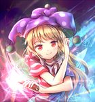 american_flag_dress blonde_hair clownpiece fairy_wings frills hat jester_cap long_hair minust neck_ruff polka_dot polka_dot_hat purple_hat red_eyes short_sleeves smile solo star striped torch touhou upper_body v wings 