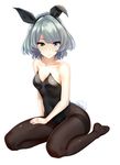  animal_ears arm_at_side bare_arms bare_shoulders black_legwear black_leotard blue_eyes breasts bunny_ears bunny_girl bunny_tail bunnysuit cleavage closed_mouth collarbone fake_animal_ears fake_tail full_body green_eyes green_hair hairband hand_on_thigh heterochromia highres idolmaster idolmaster_cinderella_girls infinote leotard md5_mismatch medium_breasts mole mole_under_eye no_shoes pantyhose short_hair simple_background sitting smile solo strapless strapless_leotard tail takagaki_kaede thighband_pantyhose wariza white_background 