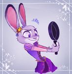  buckle chezlizz clothing disney dress embroidery flower frying frying_pan fur grey_fur hair judy_hopps lagomorph long_ears mammal plant purple_eyes rabbit smile zootopia 