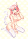  animal_ears arm_support breasts cat_ears cat_tail collar eyelashes fang green_eyes large_breasts long_hair natsumoto navel nipples nude open_mouth original pink_hair sitting solo tail thighhighs wariza 
