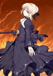  abusoru artoria_pendragon_(all) bow braid breasts brown_eyes cleavage excalibur fate/stay_night fate_(series) fire hair_bow hair_ribbon holding holding_sword holding_weapon looking_at_viewer ribbon saber_alter silver_hair small_breasts solo sword weapon 
