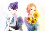  bad_id bad_pixiv_id black_hair bleach blue_eyes closed_eyes flower hair_bun juliet_sleeves katagiri_kanae kurosaki_masaki long_sleeves multiple_girls orange_hair puffy_sleeves ronisuke short_hair smile sunflower 