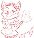 2016 4_fingers anthro big_head cheek_tuft clothed clothing crossdressing cute digital_drawing_(artwork) digital_media_(artwork) eyebrows fluffy fluffy_tail front_view fur half-closed_eyes hand_behind_back head_tuft headband headwear holding_object inner_ear_fluff league_of_legends line_art long_tail looking_at_viewer maid_uniform male mammal monochrome pose red_and_white riot_games small_male smile solo standing teemo tuft uniform veigar-chan video_games yordle 