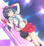  1girl bangs blue_hair blush bokura_wa_ima_no_naka_de commentary_request fingerless_gloves frills gloves hair_between_eyes hair_ribbon leg_garter long_hair looking_at_viewer love_live! love_live!_school_idol_project lying navel necktie open_mouth plaid plaid_skirt puffy_short_sleeves puffy_sleeves red_gloves red_skirt ribbon shirt short_sleeves skirt solo sonoda_umi striped striped_neckwear suspenders tetopetesone white_shirt yellow_eyes 