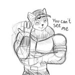  2015 4_fingers anthro belt biceps big_muscles black_and_white clothed clothing dialogue digital_drawing_(artwork) digital_media_(artwork) einthebusinessdeer english_text eyebrows eyes_closed front_view fur gloves half-length_portrait hat league_of_legends male mammal manly markings monochrome muscular muscular_male pants pecs portrait pose riot_games simple_background smile solo teemo text topless video_games waving white_background yordle 
