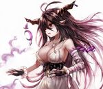  antenna_hair armpits bandaged_arm bandages black_gloves black_hair breasts cleavage commentary_request crescent danua draph dress fingerless_gloves from_side gloves granblue_fantasy hair_between_eyes horn_ornament horns large_breasts long_hair looking_away maho_moco pointy_ears red_eyes sideboob solo upper_body white_background white_dress 