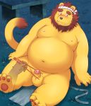  2012 anthro balls belly blush erection felid fur humanoid_hands humanoid_penis lako lion male mammal moobs navel nipples outside overweight overweight_male pantherine penis sitting solo yellow_fur 