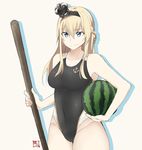  alternate_costume anchor_symbol blonde_hair blue_eyes braid competition_swimsuit crown food french_braid fruit hairband kantai_collection long_hair mini_crown one-piece_swimsuit solo souji standing stick suikawari swimsuit warspite_(kantai_collection) watermelon 