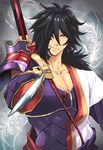  aoi_popopo armor artist_name black_hair gloves hair_over_one_eye japanese_armor long_hair low_ponytail male_focus rokurou_rangetsu solo sword tales_of_(series) tales_of_berseria upper_body weapon yellow_eyes 