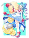  1girl alternate_costume aqua_background aqua_eyes blue_bow blue_hair blue_skirt bow cherry cirno food food_themed_clothes frills fruit gradient gradient_background hair_between_eyes hair_bow high_heels highres ice ice_cream_scoop ice_wings navel neck_ribbon orange orange_slice red_bow red_footwear red_ribbon ribbon shirt shoe_bow shoes short_ponytail skirt sleeveless smile solo spoon tongue tongue_out touhou transparent_skirt white_shirt wings wrist_ribbon 