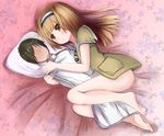  admiral_(kantai_collection) barefoot between_legs dakimakura_(object) hairband highres i-26_(kantai_collection) kantai_collection light_brown_eyes light_brown_hair long_hair lying new_school_swimsuit pillow pillow_hug sailor_collar satsukikyo school_swimsuit short_sleeves smile solo swimsuit swimsuit_under_clothes two-tone_hairband two_side_up 