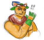  2015 anthro biceps big_biceps big_muscles blue_eyes brown_fur brown_markings brown_nose clothed clothing colored digital_drawing_(artwork) digital_media_(artwork) einthebusinessdeer english_text eyebrows eyewear front_view fur gloves goggles green_clothing hat league_of_legends looking_at_viewer male mammal markings multicolored_fur muscular muscular_male no_pupils pecs pose riot_games shaded simple_background smile smirk solo teemo text topless two_tone_fur video_games white_background yordle 