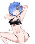  1girl bikini black_bikini blue_eyes blue_hair blush breasts clavicle cleavage dated female hair_ornament hair_over_one_eye hair_ribbon headdress looking_at_viewer medium_breasts open_mouth q0011789 re:zero_kara_hajimeru_isekai_seikatsu rem_(re:zero) ribbon short_hair signature simple_background solo swimsuit white_background x_hair_ornament 