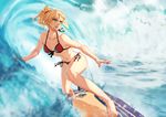  aqua_eyes bikini blonde_hair braid breasts fate/apocrypha fate/grand_order fate_(series) jacky5493 long_hair medium_breasts midriff mordred_(fate)_(all) mordred_(swimsuit_rider)_(fate) navel ocean parted_lips ponytail prydwen red_bikini side-tie_bikini smile solo surfboard surfing swimsuit water 