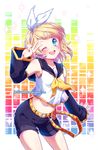  ;d arm_at_side armpits bangs bare_shoulders belt belt_buckle black_shorts blonde_hair blue_eyes blush buckle contrapposto cowboy_shot detached_sleeves glint hair_ornament hair_ribbon hairband hairclip head_tilt kagamine_rin long_sleeves multicolored multicolored_background navel neckerchief neko-rina one_eye_closed open_mouth ribbon short_hair shorts smile solo sparkle standing stomach swept_bangs tareme throat_microphone treble_clef vocaloid white_ribbon 