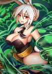  alternate_legwear animal_ears ass battle_bunny_riven belt black_legwear blush breasts bunny_ears bunny_tail bunnysuit cleavage detached_collar folded_ponytail hair_between_eyes kira_(artist) large_breasts league_of_legends looking_at_viewer monster open_mouth red_eyes riven_(league_of_legends) short_hair slime tail tears thighhighs white_hair you_gonna_get_raped zac 