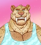  2016 anthro blue_eyes bust_portrait clothed clothing digital_media_(artwork) dramamine fangs feline front_view fur grin looking_at_viewer male mammal muscular muscular_male pecs pink_background pink_nose portrait rape_face saber-toothed_cat sabertooth_(feature) saliva shirt simple_background solo tan_fur tank_top teeth whiskers 