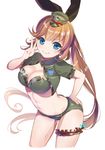  &gt;:) alternate_costume arched_back ass bangs bikini black_ribbon blue_eyes blush breasts clarisse_(granblue_fantasy) cleavage cowboy_shot cropped_jacket eyebrows eyebrows_visible_through_hair granblue_fantasy green_bikini hair_between_eyes hair_ribbon hand_on_ass hand_on_hip hat long_hair looking_at_viewer medium_breasts midriff military military_uniform navel omucchan_(omutyuan) orange_hair peaked_cap ponytail ribbon short_sleeves signature simple_background smile solo swimsuit thigh_strap uniform v v-shaped_eyebrows very_long_hair white_background 