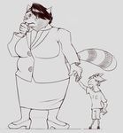 2016 anthro big_breasts black_hair breasts caprine clothed clothing duo female footwear fur goat hair hand_holding hi_res high_heels larger_female male mammal raccoon romantic_couple simple_background size_difference sketch slightly_chubby smaller_male tomol6 