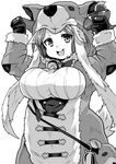  :d animal_costume animal_hat animal_hood arms_up bag bell breasts daetta_(granblue_fantasy) draph fur_trim gloves granblue_fantasy greyscale hat hood horns large_breasts long_hair long_sleeves looking_at_viewer monochrome open_mouth smile solo tail yukinojou_yakan 