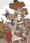  3boys baleog_the_fierce blizzard_(company) blonde_hair blue_eyes boobplate braid breastplate company_connection erik_the_swift grin helmet highres long_hair looking_at_viewer mercy_(overwatch) multiple_boys olaf_the_stout one_eye_closed overwatch sigrun_mercy smile splashbrush the_lost_vikings valkyrie viking winged_helmet 