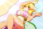  1girl artist_request blonde_hair blush breasts brown_eyes cat cleavage furry large_breasts laying_down long_hair lying on_back solo 