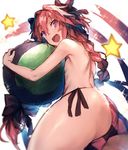  :d ass astolfo_(fate) ball beachball bikini blush braid fang fate/apocrypha fate/grand_order fate_(series) from_behind hair_ribbon long_hair looking_back male_focus open_mouth otoko_no_ko pink_bikini pink_hair purple_eyes redcomet ribbon shirtless side-tie_bikini single_braid slit_pupils smile solo striped striped_bikini swimsuit topless very_long_hair 