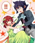  1boy 1girl alain_(pokemon) blue_eyes bow brown_eyes dress from_side gloves green_dress hair_bow hoshihuri manon_(pokemon) pokemon pokemon_(anime) pokemon_xy_(anime) purple_hair red_hair short_hair sweatdrop 