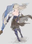  absurdres ahoge armor armored_dress bangs bare_shoulders blonde_hair blue_eyes breasts cleavage collarbone detached_sleeves dress flag flower gauntlets granblue_fantasy greaves hair_between_eyes hair_flower hair_ornament hairband highres holding jeanne_d'arc_(granblue_fantasy) large_breasts lily_(flower) long_hair n9+ short_dress silver_background simple_background solo standing torn_clothes 