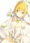  ahoge bad_id bad_tumblr_id belt blonde_hair blush breasts chain cleavage closed_mouth detached_collar detached_sleeves eyebrows eyebrows_visible_through_hair fate/extra fate/extra_ccc fate/grand_order fate_(series) flower from_above green_eyes leaf leotard lock long_sleeves looking_at_viewer looking_up lpip medium_breasts nero_claudius_(bride)_(fate) nero_claudius_(fate)_(all) panties short_hair simple_background sitting smile solo strapless strapless_leotard thigh_gap underwear veil white_background white_flower white_leotard white_panties white_sleeves wide_sleeves zipper 