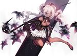  apron black_dress black_gloves breasts cleavage commentary_request dark_skin detached_collar dress elbow_gloves gloves hair_ornament hair_ribbon highres holding holding_weapon large_breasts long_hair looking_at_viewer moemoe3345 original pointy_ears purple_eyes ribbon scythe smile solo twintails very_long_hair waist_apron weapon white_hair 