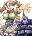  amania_orz belt breasts brown_eyes brown_hair gundam gundam_build_fighters gundam_build_fighters_try gunpla gyancelot hair_ornament hand_on_hip high-waist_skirt large_breasts outstretched_arms sazaki_kaoruko skirt smile solo twintails 