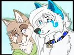  ambiguous_gender canine collar duo ear_piercing facial_markings feline female feral mammal markings piercing simple_background smile terryburrs 