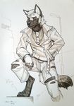  5_fingers anthro barefoot black_nose canine clothed clothing detailed digitigrade eyewear gloves hair hand_in_pocket jacket leather leather_jacket male mammal pants solo standing sunglasses torn_clothing torn_pants white_hair wolf wolfy-nail 