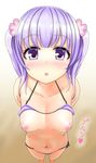  1girl bikini blush breasts navel new_game! nipples okage purple_eyes purple_hair small_breasts solo suzukaze_aoba 