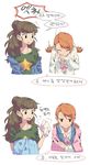  brown_hair check_commentary commentary commentary_request eyebrows handkerchief highres houjou_karen idolmaster idolmaster_cinderella_girls jewelry kamiya_nao korean multiple_girls necklace orange_hair ori_(yellow_duckling) shirt sneezing star sweat t-shirt thick_eyebrows translated 