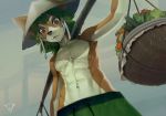  anthro brown_eyes brown_fur carrot carrying_pole clothed clothing conical_hat cucumber food front_view fruit fur green_hair hair kiske_7key lettuce looking_at_viewer low-angle_view male mammal muscular muscular_male navel shorts solo tomato topless vegetable 