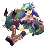  armor black_legwear blue_eyes blue_hair blush boots elbow_gloves gloves green_hair leotard long_hair looking_at_viewer monster multicolored_hair open_mouth really_till sitting smile solo spiked_hair stupa13a twinkle_star_sprites two-tone_hair 