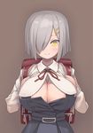  3: alternate_eye_color areola_slip areolae backpack bad_id bad_pixiv_id bag belt blush breasts brown_background buttons cleavage closed_mouth collared_shirt cosplay dress grey_dress hair_ornament hair_over_one_eye hairclip hamakaze_(kantai_collection) highres kantai_collection kasumi_(kantai_collection) kasumi_(kantai_collection)_(cosplay) katahira_(hiyama) large_breasts long_sleeves looking_down no_bra pinafore_dress randoseru red_ribbon remodel_(kantai_collection) ribbon ringed_eyes shirt short_hair silver_hair solo unbuttoned undersized_clothes white_shirt yellow_eyes 