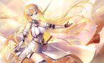  1girl armor armored_dress bangs bare_shoulders black_gloves blonde_hair breasts chains closed_mouth commentary_request dress elbow_gloves eyebrows_visible_through_hair fate/grand_order fate_(series) flag fur-trimmed_legwear fur_trim gloves head_tilt headpiece holding holding_flag jeanne_d&#039;arc_(fate) jeanne_d&#039;arc_(fate)_(all) kagachi_saku long_hair medium_breasts outstretched_arm parted_lips purple_eyes smile solo thighhighs very_long_hair white_dress white_flag 