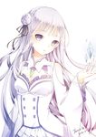  2016 absurdres artist_name bangs braid breasts chaji_xiao_bai cleavage crown_braid dated detached_collar dress emilia_(re:zero) eyebrows eyebrows_visible_through_hair flower gem hair_flower hair_ornament hair_ribbon head_tilt highres jewelry long_hair looking_at_viewer medium_breasts open_mouth pendant purple_eyes purple_hair re:zero_kara_hajimeru_isekai_seikatsu ribbon simple_background solo transparent white_background white_dress 