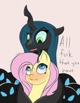  blush changeling chapaevv drone_(mlp) duo_focus english_text equine female fluttershy_(mlp) friendship_is_magic fur green_eyes group hair horn horse long_hair mammal my_little_pony open_mouth pink_hair pony queen_chrysalis_(mlp) text yellow_fur 