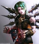  armband blade floating floating_object gradient gradient_background green_eyes green_hair highres kim_yura_(goddess_mechanic) magic male_focus muscle naver_username priston_tale revision shaman_(priston_tale) solo upper_body vambraces vest watermark web_address 