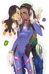  1girl ;d acronym alternate_hairstyle animal_print bangs bare_shoulders bodysuit boots bracer brown_hair bunny_print cako_(a_ben) closed_mouth collarbone cosplay costume_switch cowboy_shot d.va_(overwatch) d.va_(overwatch)_(cosplay) dark_skin dark_skinned_male earrings eyelashes facepaint facial_hair facial_mark fingers forehead gloves goatee green_eyes grin hair_down hairlocs hairstyle_switch hand_on_headphones hand_up headphones heart highres jewelry legs_apart lips lipstick long_hair long_sleeves looking_at_viewer lucio_(overwatch) lucio_(overwatch)_(cosplay) makeup one_eye_closed open_mouth overwatch pauldrons pilot_suit pink_eyes pink_lips pink_lipstick ribbed_bodysuit shoulder_pads simple_background skin_tight smile spoken_heart star star_earrings sunglasses sweatdrop tank_top tattoo teeth thigh_boots thigh_strap thighhighs turtleneck visor w whisker_markings white_background white_footwear white_gloves 
