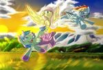 2016 cloud equine fan_character female fluttershy_(mlp) flying friendship_is_magic happy hay_field hi_res horse landscape male mammal mountain my_little_pony n-prophet open_mouth rainbow_dash_(mlp) scared shy snow sunset wings 