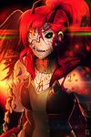  1girl armor artist_request black_sclera bracer corruption glowing_eyes gorget heterochromia horns long_gloves long_hair mask monster_girl pyrrha_nikos red_hair rwby sharp_teeth solo 