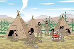  2girls 4boys black_hair facial_hair fire hut meat multiple_boys multiple_girls nature outdoors plant prehistoric sky smoke spear trees village water weapon wood 